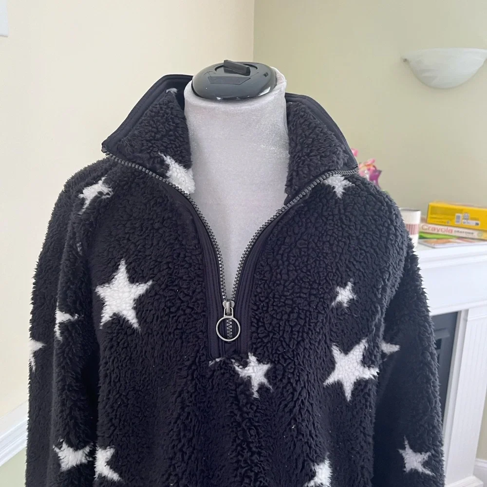 COZY SHERPA Black & White Star Sherpa Faux Fur Pullover 1/4 Zip  Warm Jacket XL